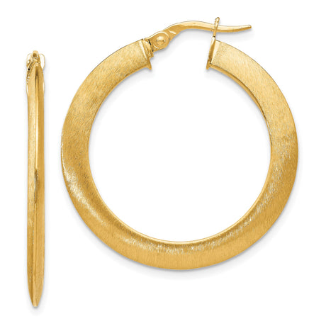 14k Yellow Gold Hoop Earrings, Flat Round Brushed Finish, Lightweight Modern Design for Women