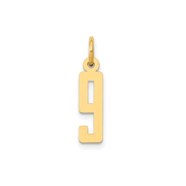 14k Yellow Gold Number 9 Pendant Charm, Polished Block Numeral Design, Unisex Accessory