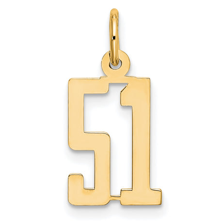 Small Elongated Number 51 Charm Pendant in Real 14k Yellow Gold
