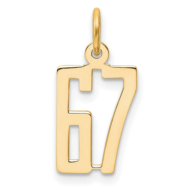Small Elongated Number 67 Charm Pendant in Real 14k Yellow Gold