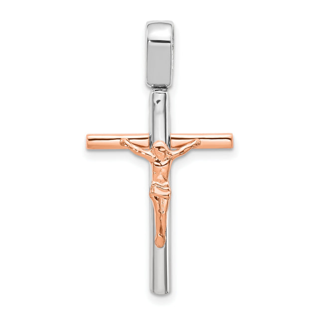 Rose and White Gold Crucifix Charm Pendant in Real 14k Multi-Tone Gold