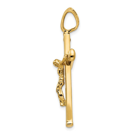 14k Yellow Gold Crucifix Pendant with Raised Jesus Figure, Latin Cross Religious Charm