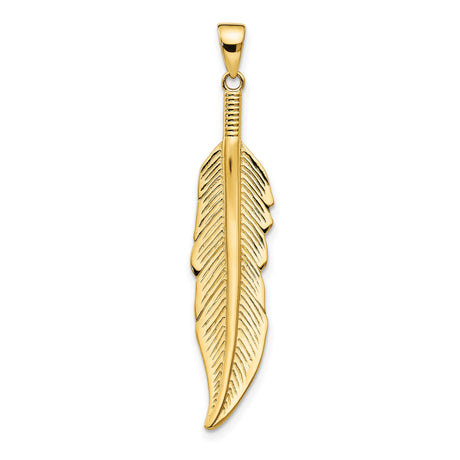 14k Yellow Gold Feather Pendant with Detailed Engraving, Boho Charm Symbolizing Freedom and Inspiration