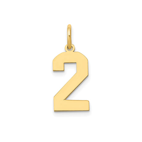 14k Yellow Gold Number Two Pendant Charm, Polished Block Numeral Design for Men or Women
