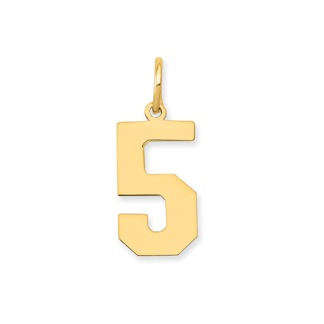 14k Yellow Gold Number 5 Pendant, Polished Block Numeral Charm for Men and Women