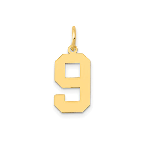 14k Yellow Gold Number 9 Pendant Charm, Polished Athletic Block Design, Unisex Layering Jewelry