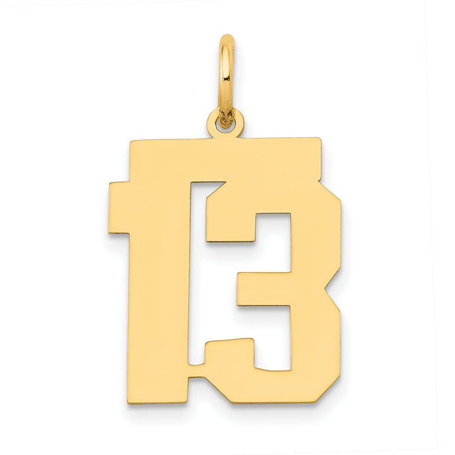 Medium Polished Number 13 Charm Pendant in Real 14k Yellow Gold