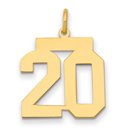 Medium Polished Number 20 Charm Pendant in Real 14k Yellow Gold