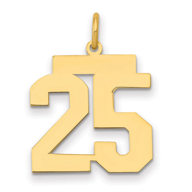 Medium Polished Number 25 Charm Pendant in Real 14k Yellow Gold