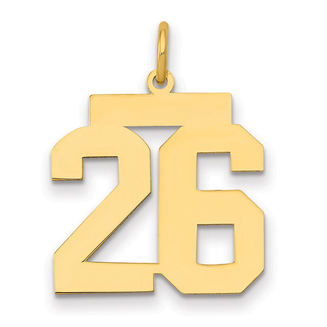 Medium Polished Number 26 Charm Pendant in Real 14k Yellow Gold