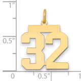 Medium Polished Number 32 Charm Pendant in Real 14k Yellow Gold