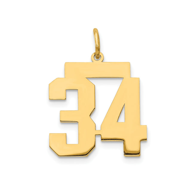 14k Yellow Gold Number 34 Pendant, Bold Block Jersey Number Sports Charm for Men or Unisex