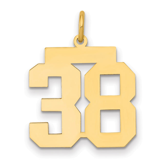 Medium Polished Number 38 Charm Pendant in Real 14k Yellow Gold