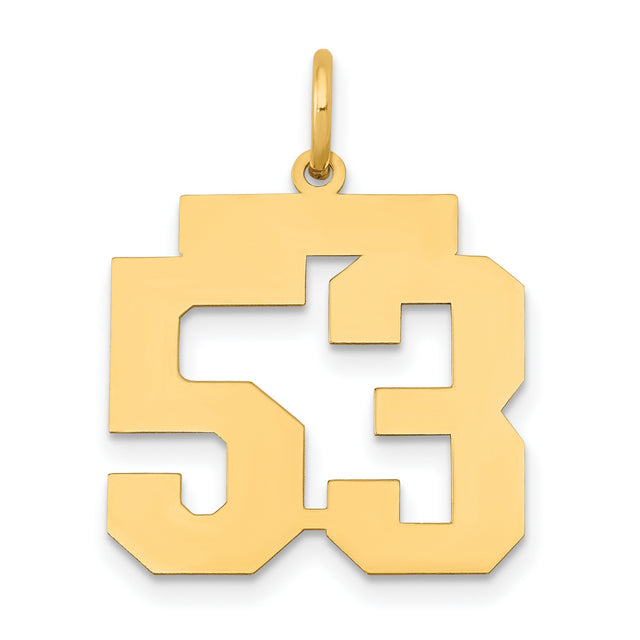 14k Yellow Gold Number 53 Pendant, Bold Block Sports Jersey Style Charm