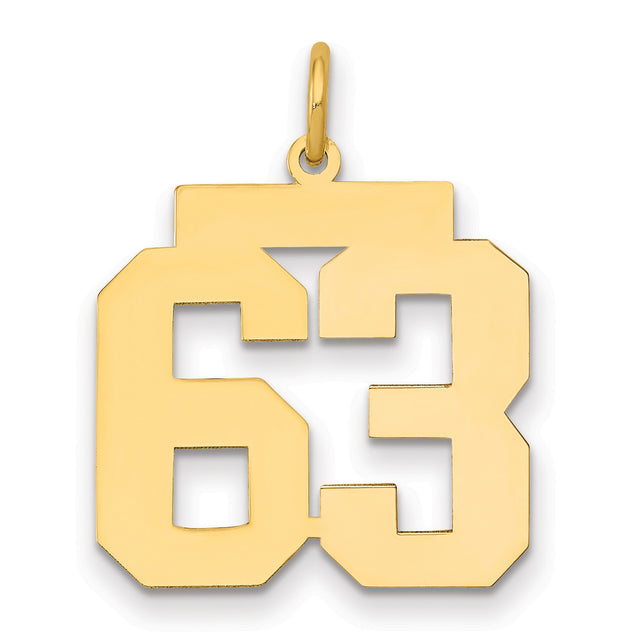 Medium Polished Number 63 Charm Pendant in Real 14k Yellow Gold