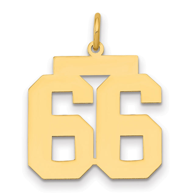 Medium Polished Number 66 Charm Pendant in Real 14k Yellow Gold