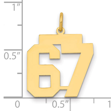 Medium Polished Number 67 Charm Pendant in Real 14k Yellow Gold