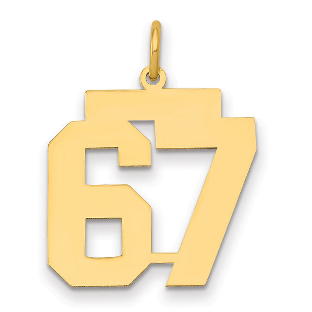Medium Polished Number 67 Charm Pendant in Real 14k Yellow Gold