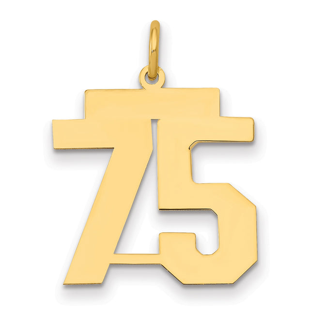 Medium Polished Number 75 Charm Pendant in Real 14k Yellow Gold