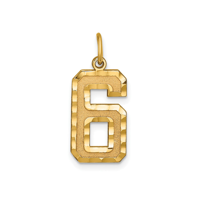 14k Yellow Gold Number 6 Pendant Charm, Textured and Polished Block Style