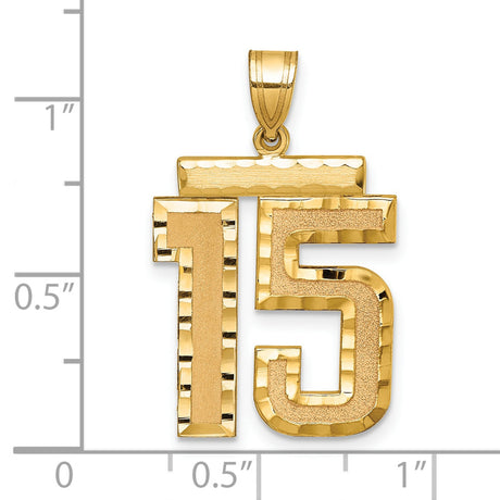 Large Brushed Diamond-cut Number 15 Charm Pendant in Real 14k Yellow Gold