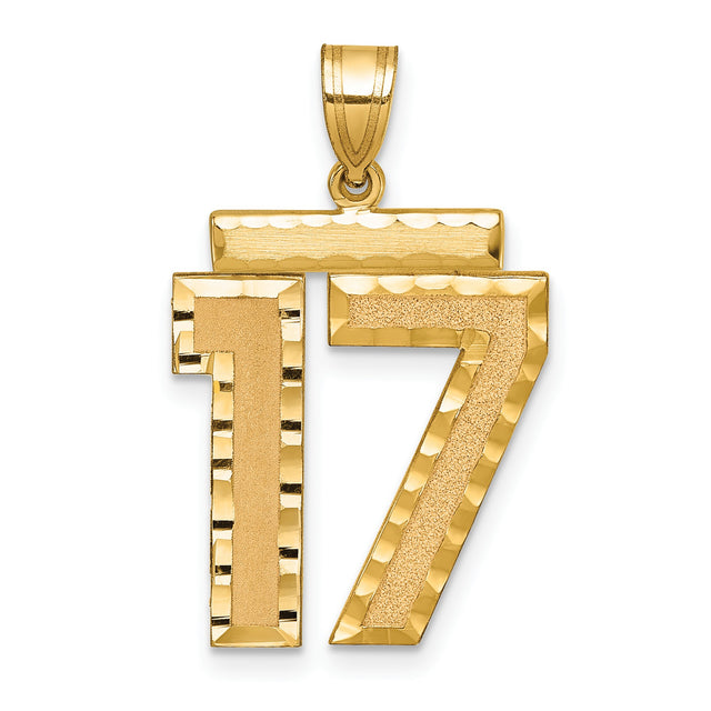 14k Yellow Gold Number 17 Pendant, Polished and Textured Unisex Charm