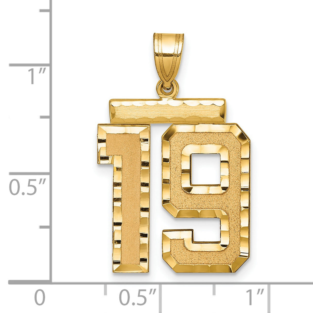 Large Brushed Diamond-cut Number 19 Charm Pendant in Real 14k Yellow Gold