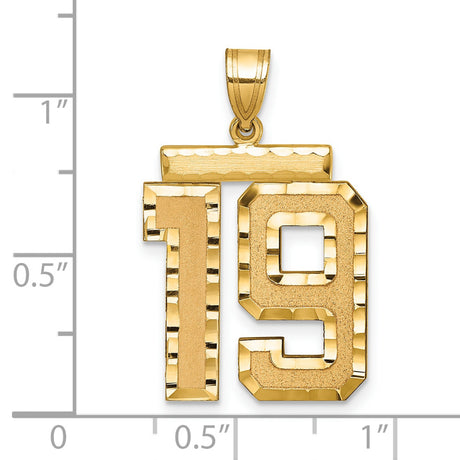Large Brushed Diamond-cut Number 19 Charm Pendant in Real 14k Yellow Gold