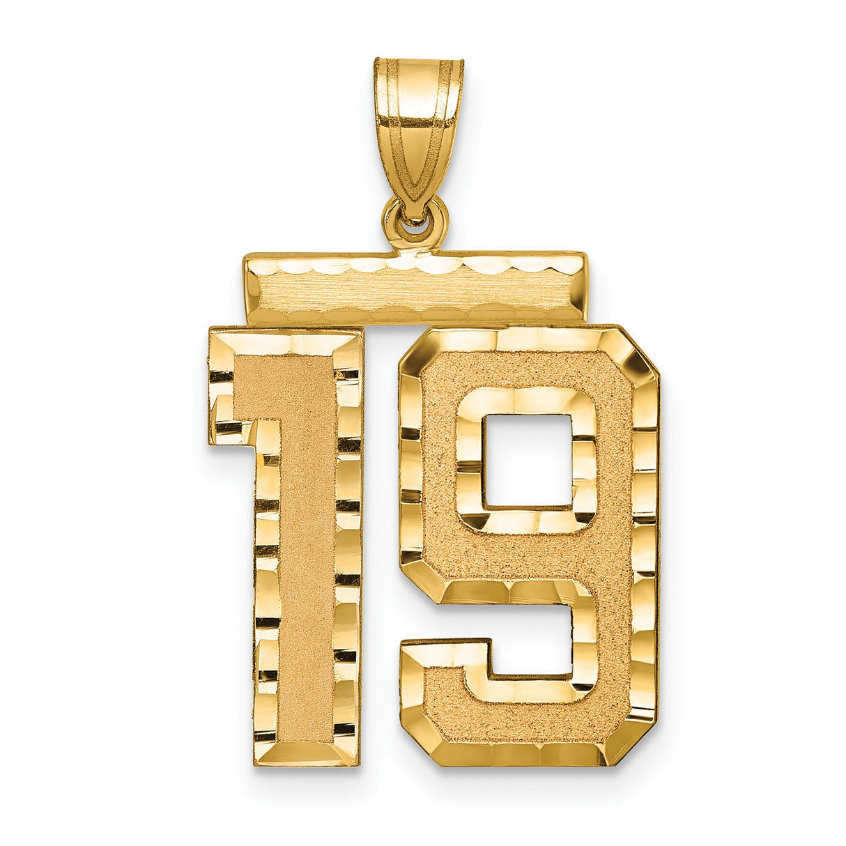 Large Brushed Diamond-cut Number 19 Charm Pendant in Real 14k Yellow Gold