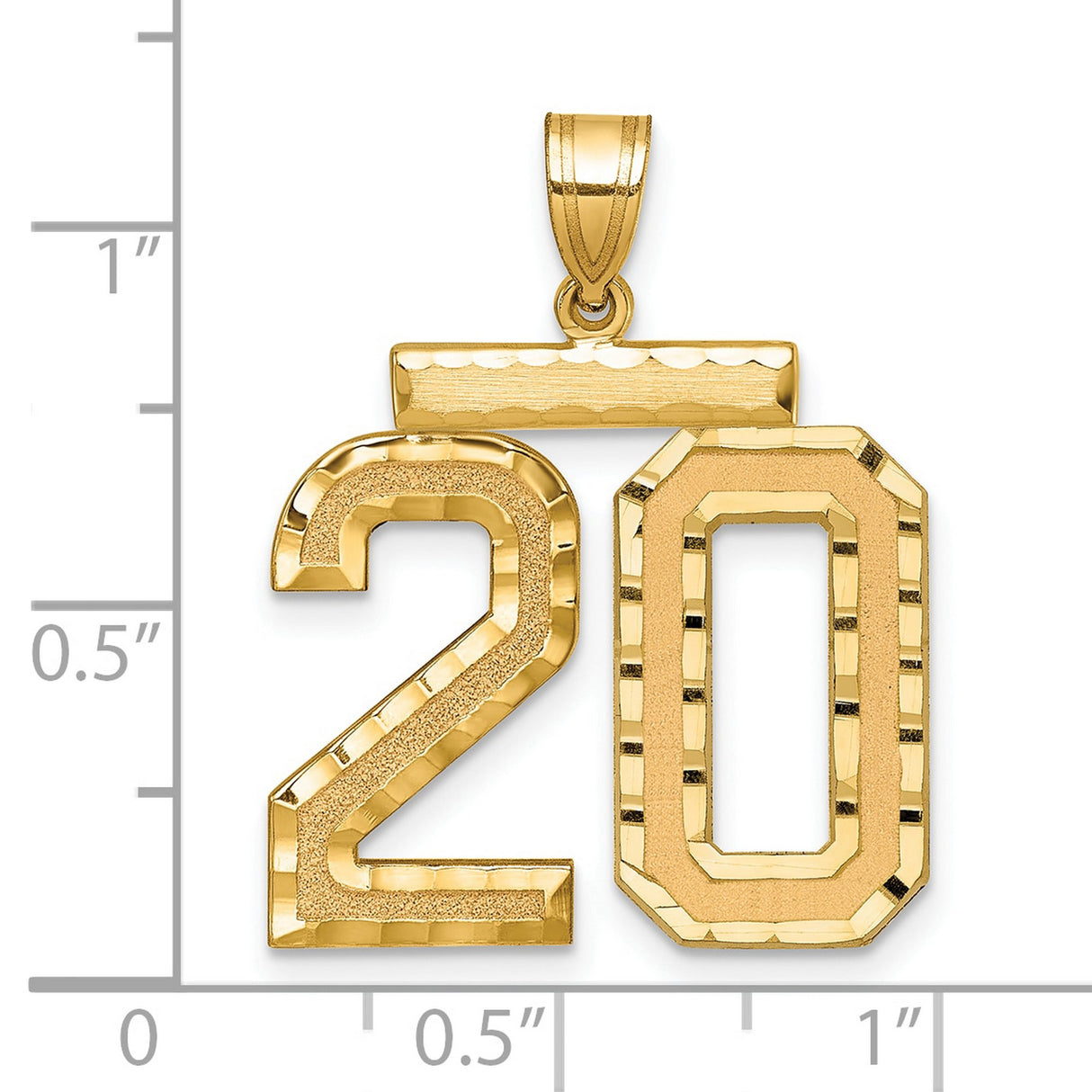 Large Brushed Diamond-cut Number 20 Charm Pendant in Real 14k Yellow Gold