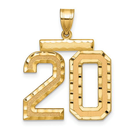 Large Brushed Diamond-cut Number 20 Charm Pendant in Real 14k Yellow Gold