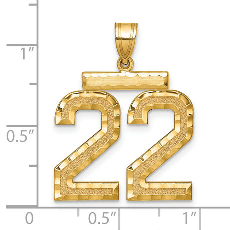 14k Yellow Gold Number 22 Pendant, Textured Polished Jersey Sports Charm, Unisex Numerology Style