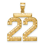 14k Yellow Gold Number 22 Pendant, Textured Polished Jersey Sports Charm, Unisex Numerology Style