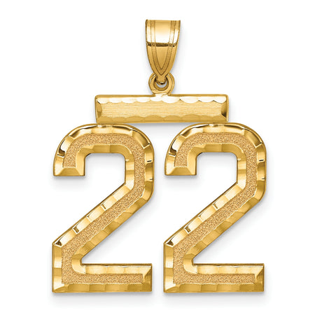 14k Yellow Gold Number 22 Pendant, Textured Polished Jersey Sports Charm, Unisex Numerology Style