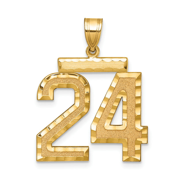 14k Yellow Gold Number 24 Pendant, Textured and Polished Sports Charm