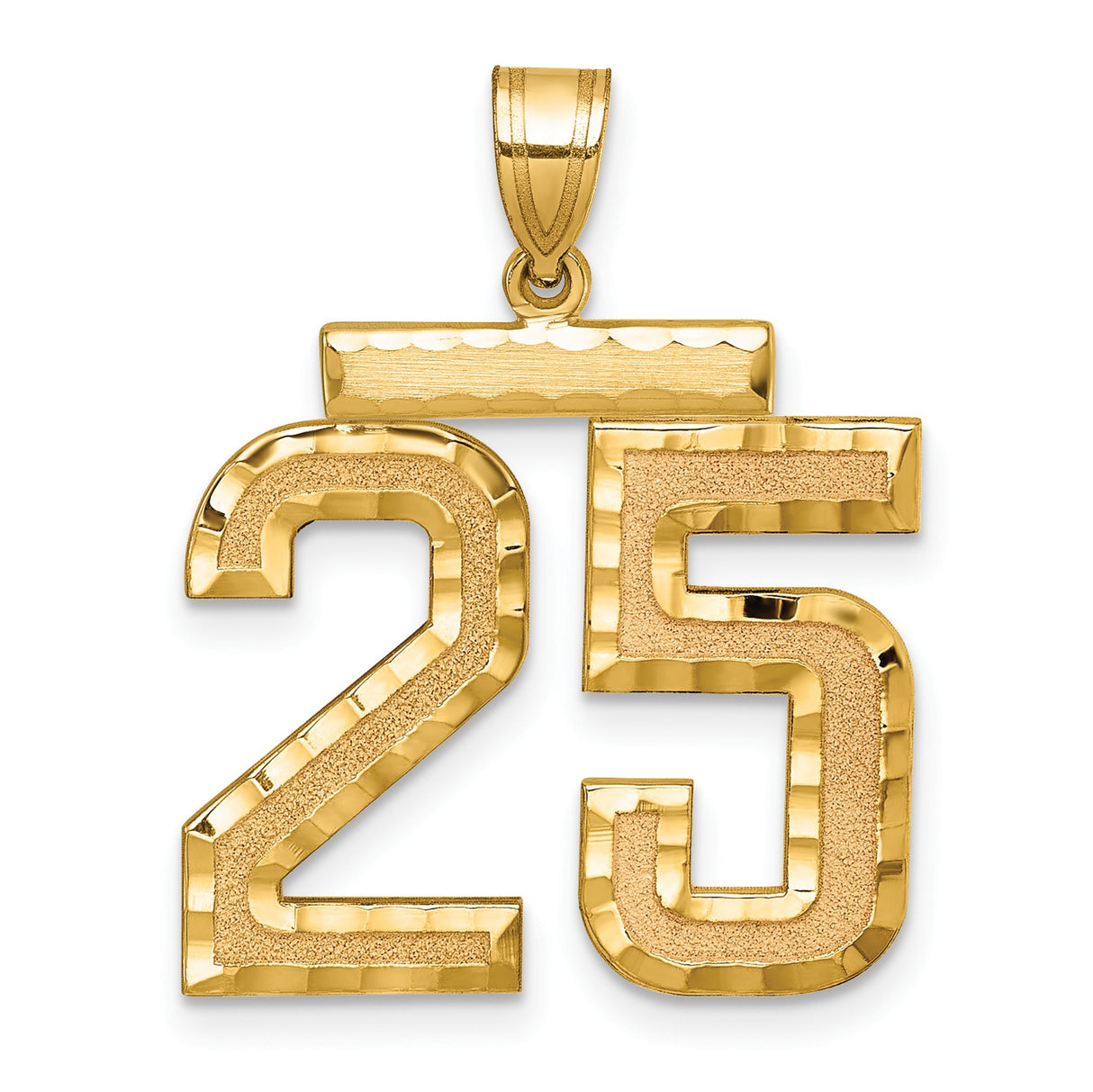Large Brushed Diamond-cut Number 25 Charm Pendant in Real 14k Yellow Gold