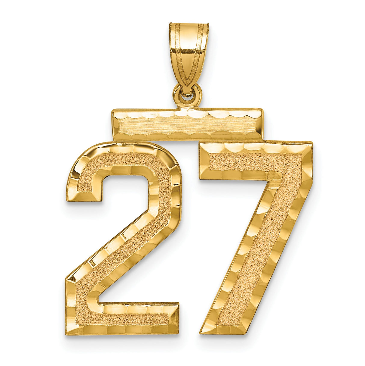 14k Yellow Gold Number 27 Pendant, Textured Polished Charm, Sports Jewelry for Men or Unisex