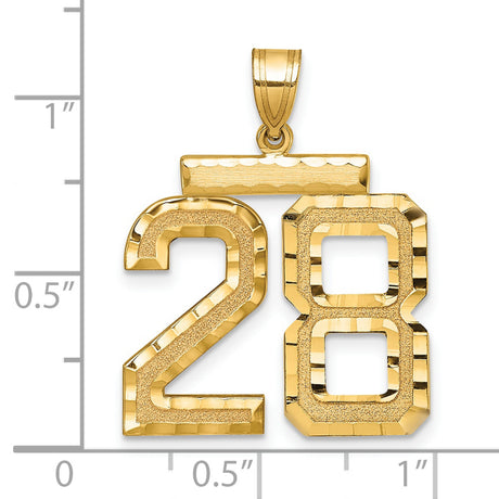 Large Brushed Diamond-cut Number 28 Charm Pendant in Real 14k Yellow Gold