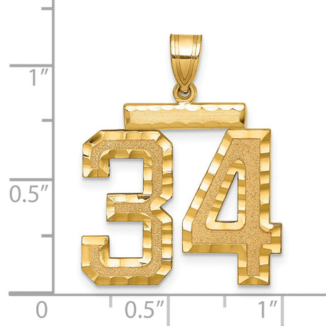 Large Brushed Diamond-cut Number 34 Charm Pendant in Real 14k Yellow Gold