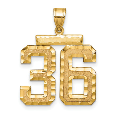 Large Brushed Diamond-cut Number 36 Charm Pendant in Real 14k Yellow Gold