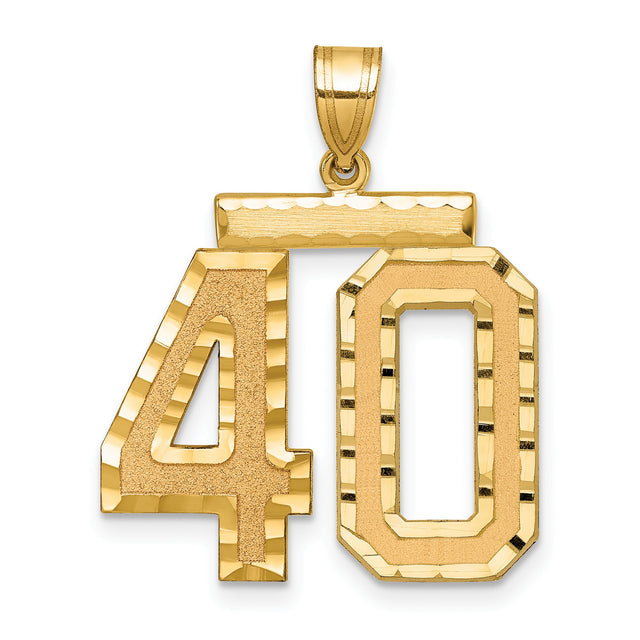 Large Brushed Diamond-cut Number 40 Charm Pendant in Real 14k Yellow Gold