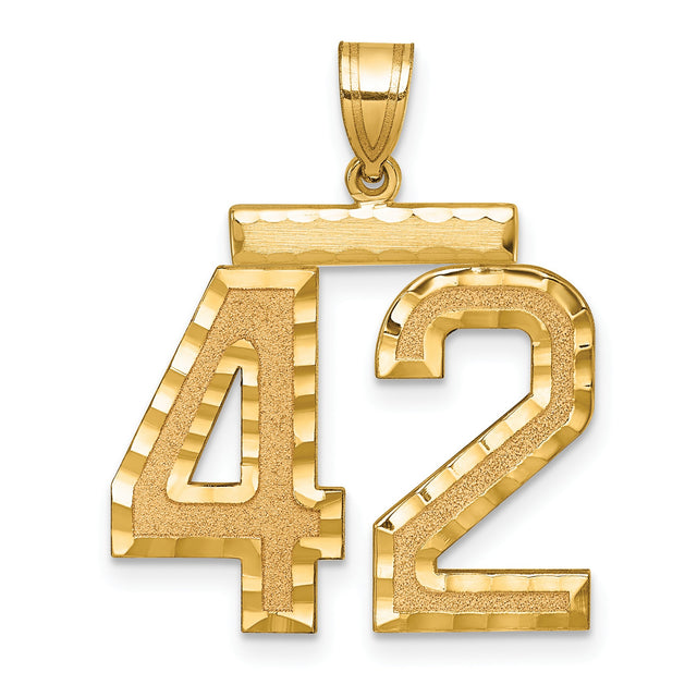 14k Yellow Gold Number 42 Pendant, Textured and Polished Sports Charm, Unisex Athletic Symbol