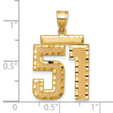 Large Brushed Diamond-cut Number 51 Charm Pendant in Real 14k Yellow Gold