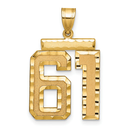 Large Brushed Diamond-cut Number 61 Charm Pendant in Real 14k Yellow Gold
