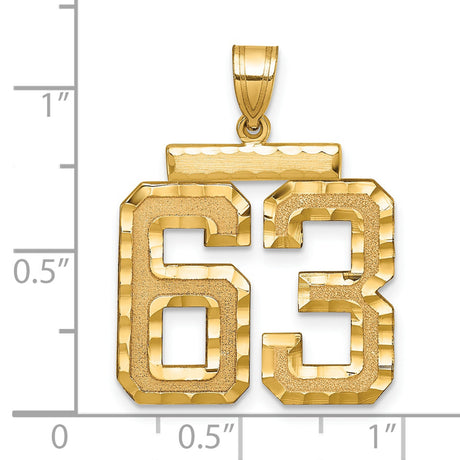 Large Brushed Diamond-cut Number 63 Charm Pendant in Real 14k Yellow Gold