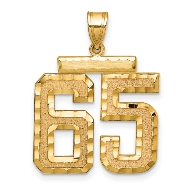Large Brushed Diamond-cut Number 65 Charm Pendant in Real 14k Yellow Gold