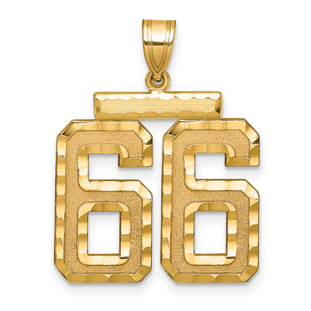 Large Brushed Diamond-cut Number 66 Charm Pendant in Real 14k Yellow Gold
