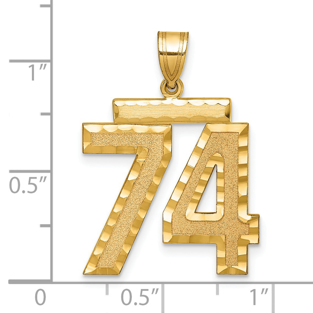 Large Brushed Diamond-cut Number 74 Charm Pendant in Real 14k Yellow Gold