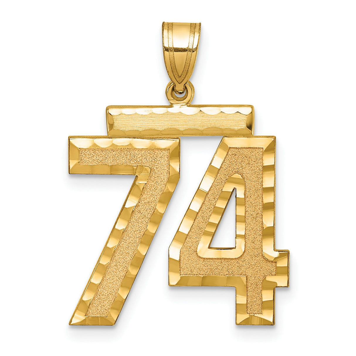 Large Brushed Diamond-cut Number 74 Charm Pendant in Real 14k Yellow Gold