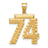 Large Brushed Diamond-cut Number 74 Charm Pendant in Real 14k Yellow Gold